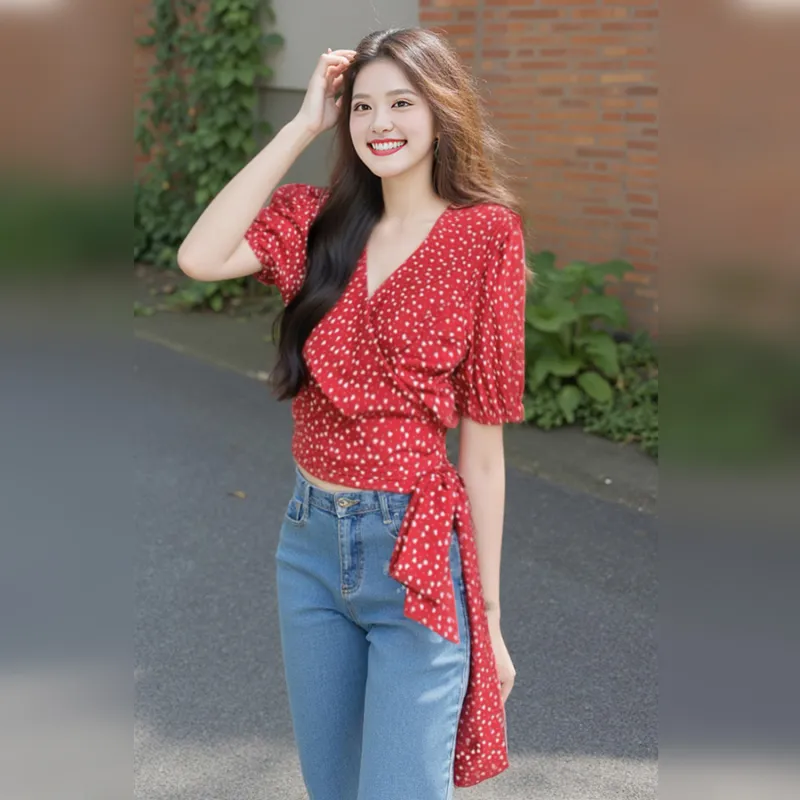 Wbwq Shirts Women's Red Polka Dot-1