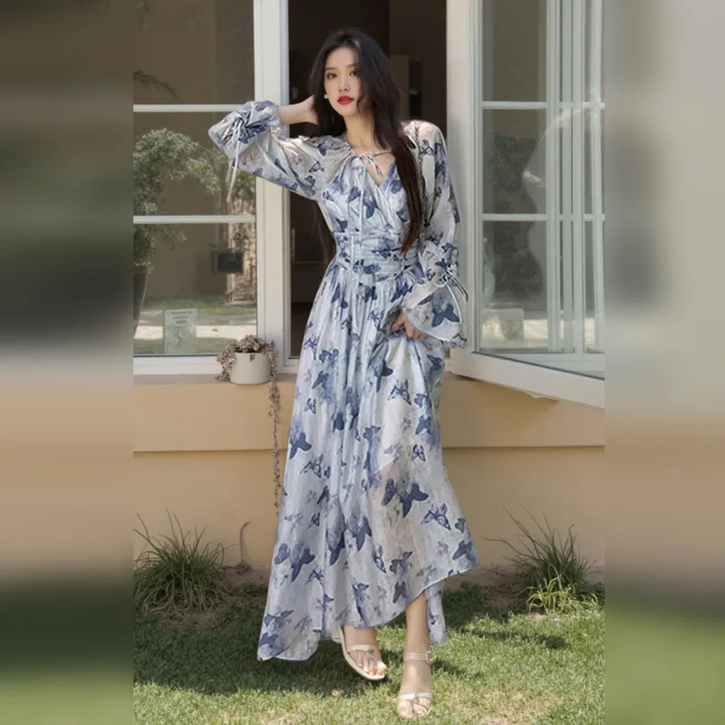 Wbwq Long Sleeved Dress Women's Blue Floral-3