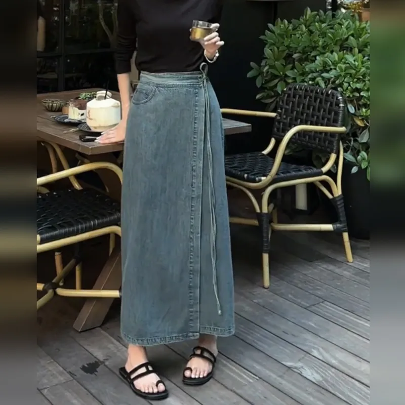 Wbwq Denim Long Skirt Women's Blue-5