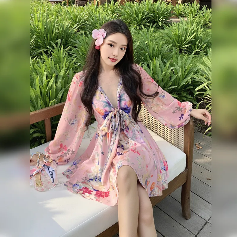 Wbwq Long Sleeved Dress Women's Pink Floral-0