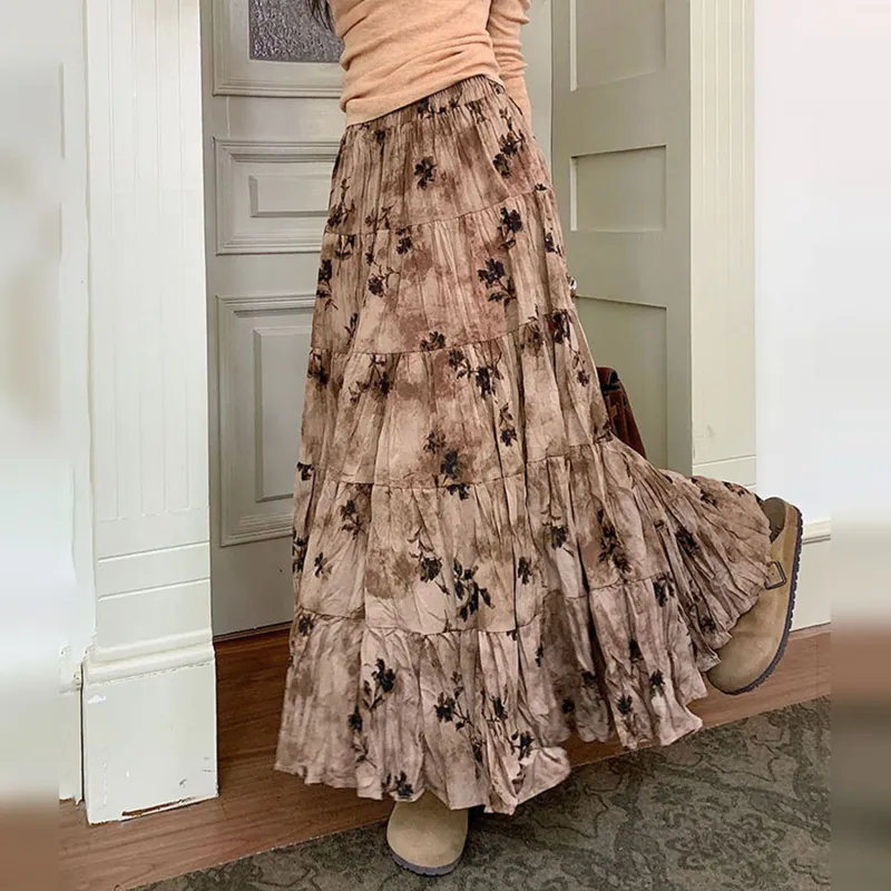 Wbwq Casual Long Skirt Women's Purple Floral-9