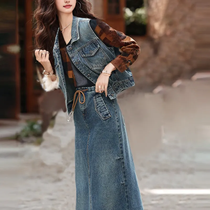 Wbwq Two Piece Skirt Sets Women's Blue Vest+Skirt-4