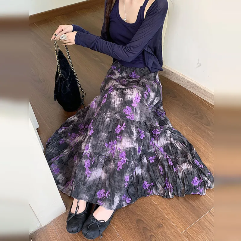 Wbwq Casual Long Skirt Women's Purple Floral-4