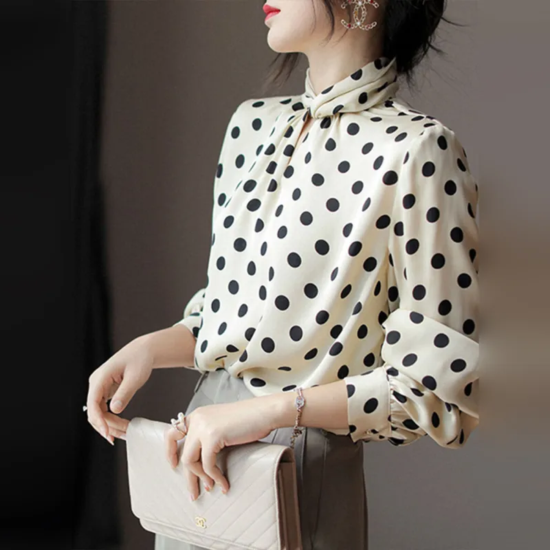 Wbwq Chiffon Shirt Women's Apricot Base With Black Circles-2