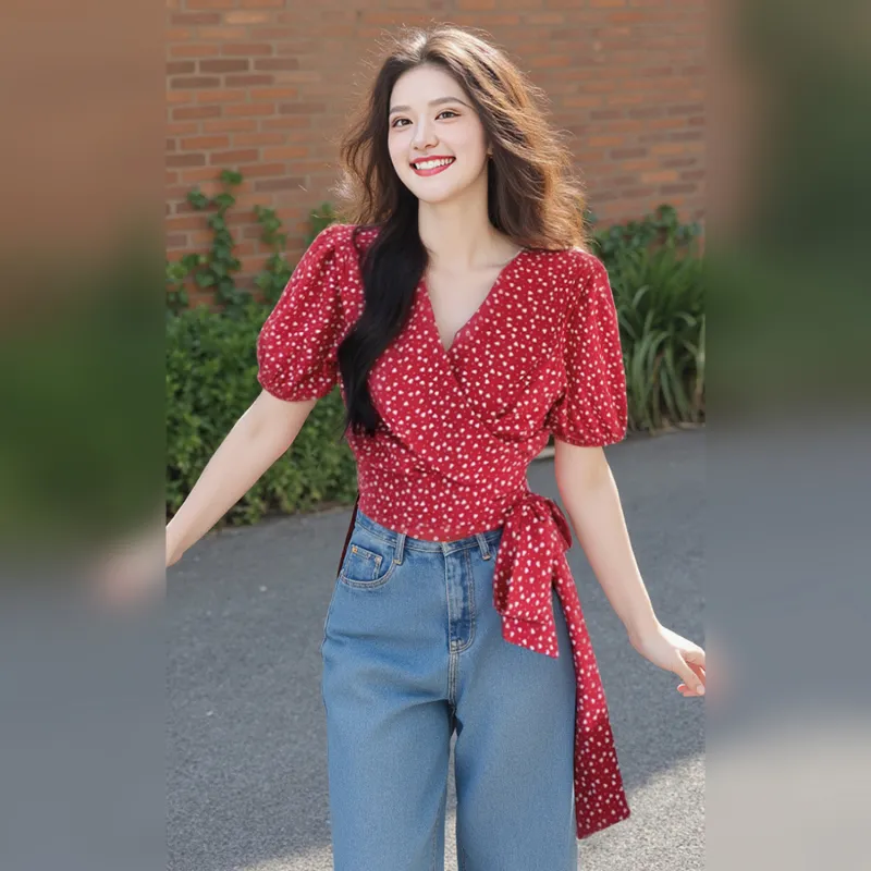 Wbwq Shirts Women's Red Polka Dot-5