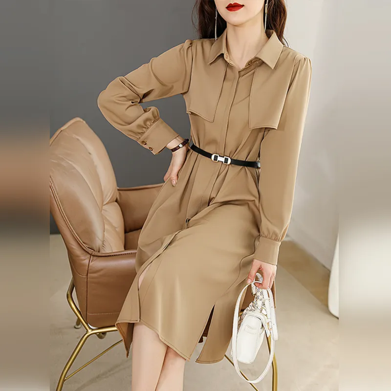 Wbwq Long Sleeved Dresses Women's Khaki-3