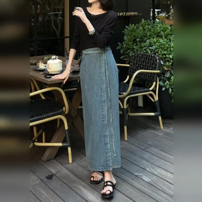 Wbwq Denim Long Skirt Women's Blue-1
