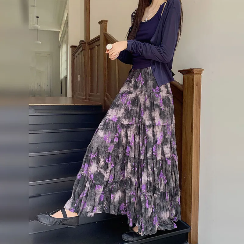 Wbwq Casual Long Skirt Women's Purple Floral-5