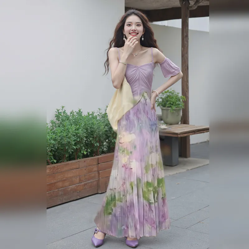 Wbwq Casual Long Skirt Women's Purple Floral-2