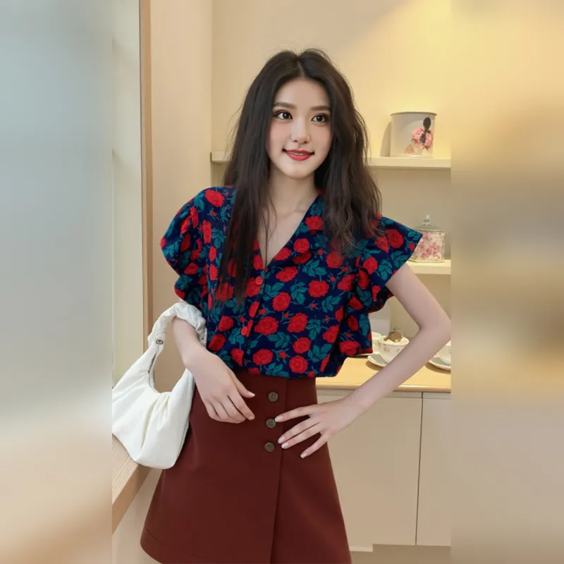 Wbwq Shirts Women's Blue With Red Floral-4