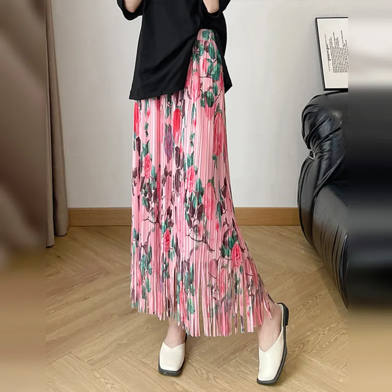 Wbwq Casual Long Skirt Women's Pink Floral-1