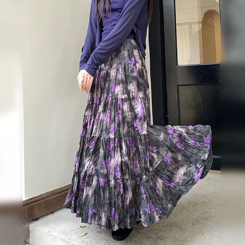 Wbwq Casual Long Skirt Women's Purple Floral-3