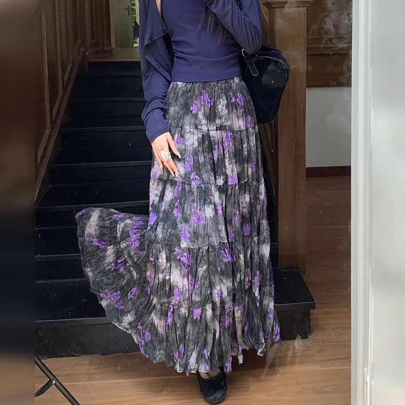 Wbwq Casual Long Skirt Women's Purple Floral-2