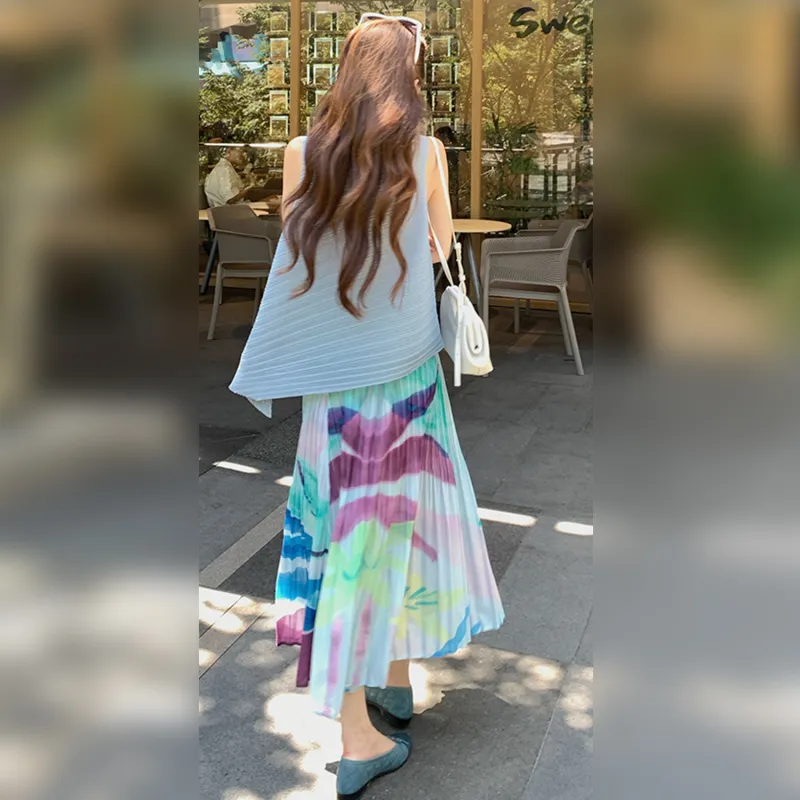 Wbwq Casual Long Skirt Women's Blue Floral-1