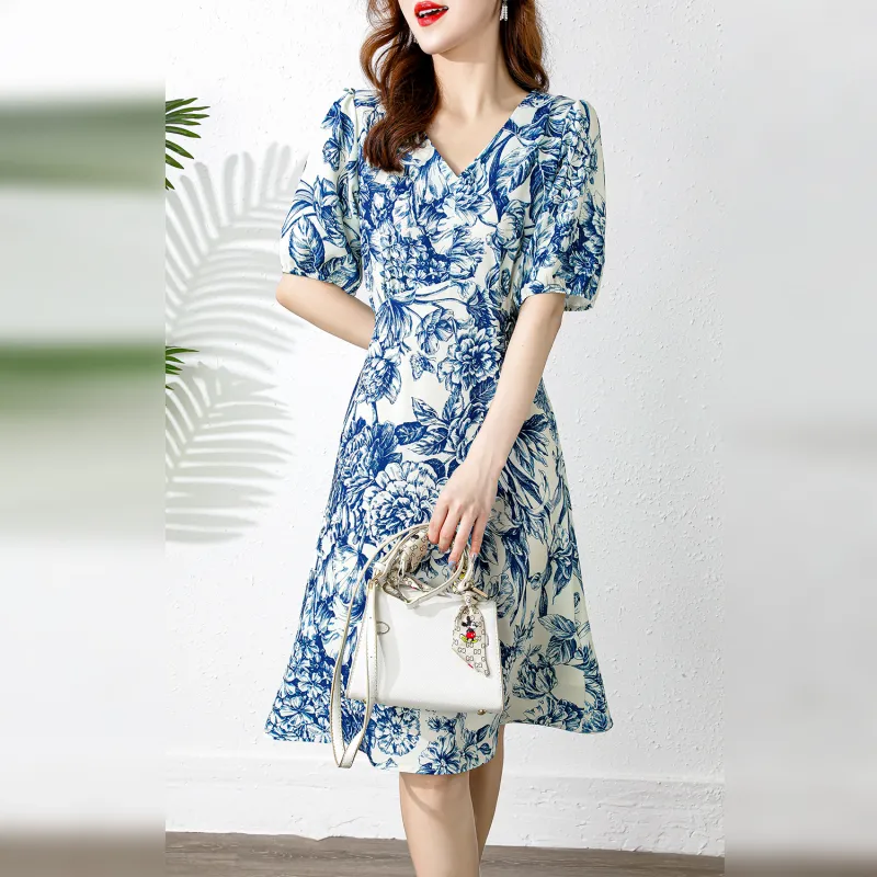 Wbwq Short Sleeved Dresses Women's Blue Floral-3