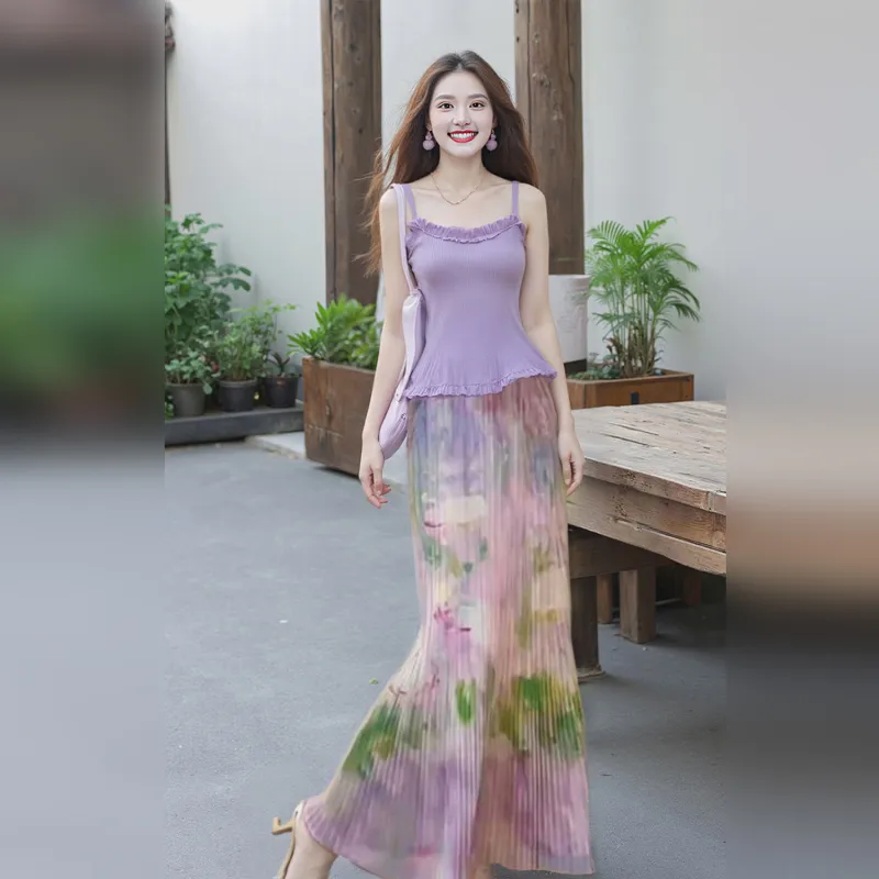 Wbwq Casual Long Skirt Women's Purple Floral-3