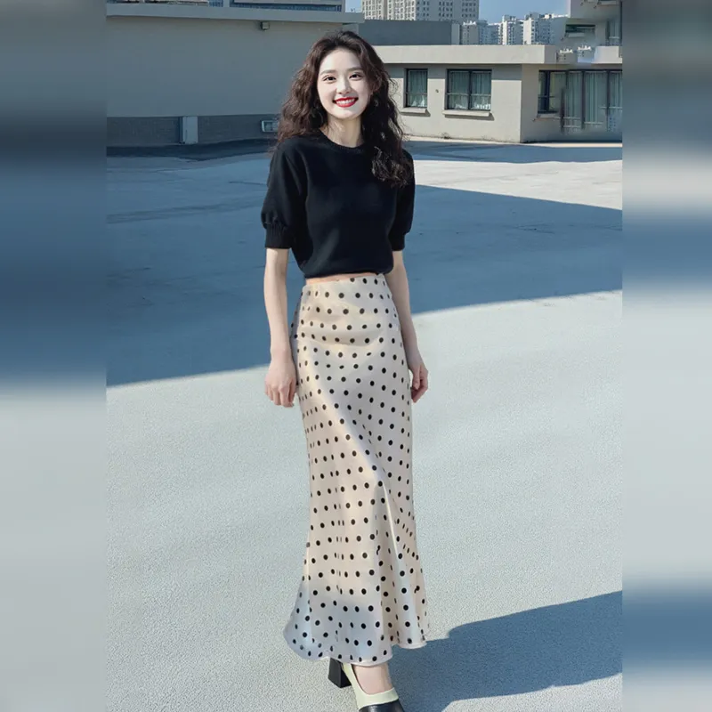 Wbwq Casual Long Skirt Women's White With Black Dot-2