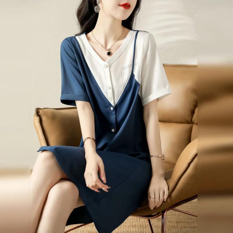 Wbwq Short Sleeved Dress Women's Blue & White-4