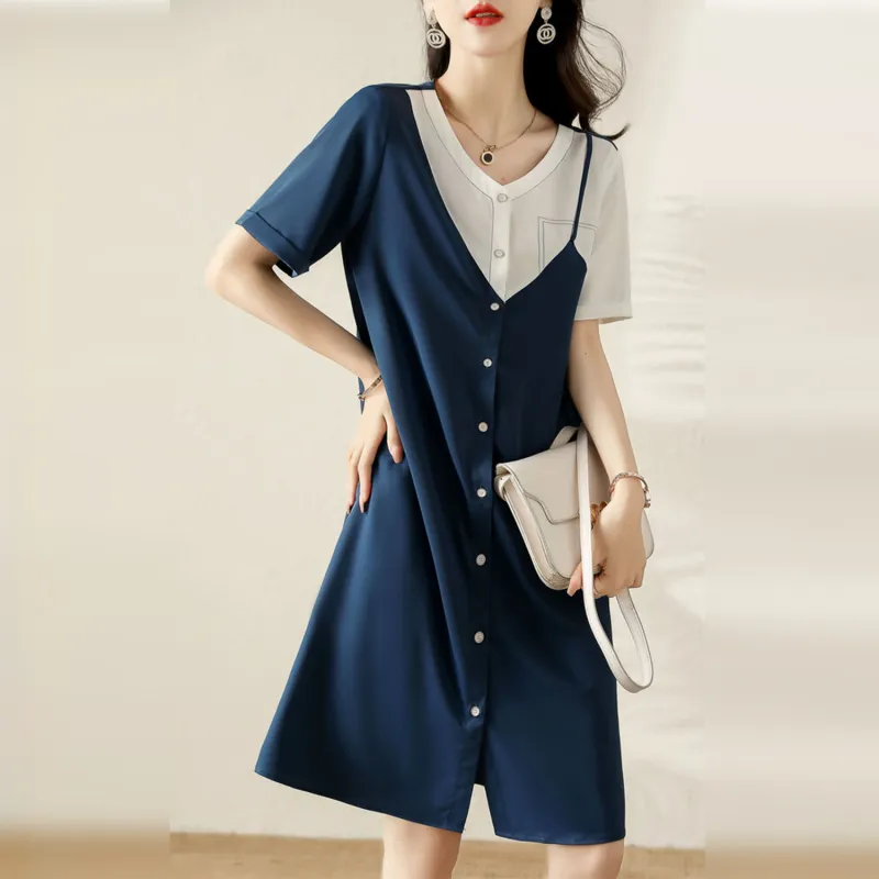 Wbwq Short Sleeved Dress Women's Blue & White-5