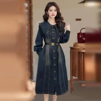 Wbwq Long Sleeved Dress Women's Denim Blue