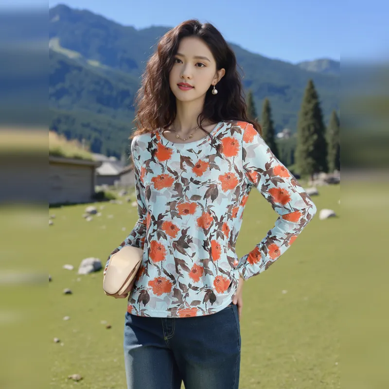 Wbwq T Shirt Women's Blue With Floral-4