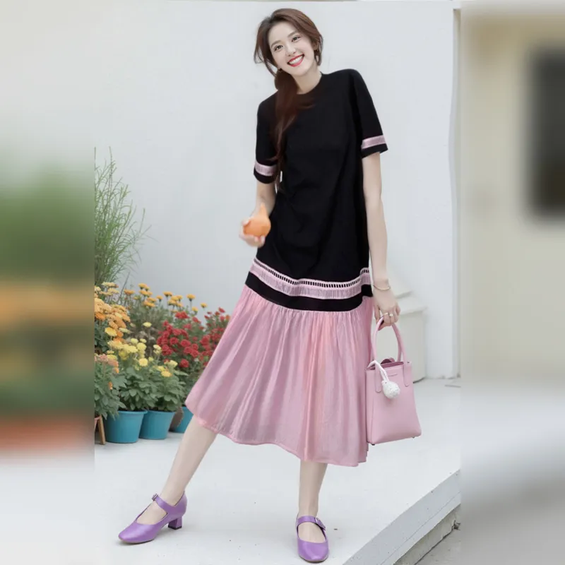 Wbwq Short Sleeved Dress Women's Black & Purple-1