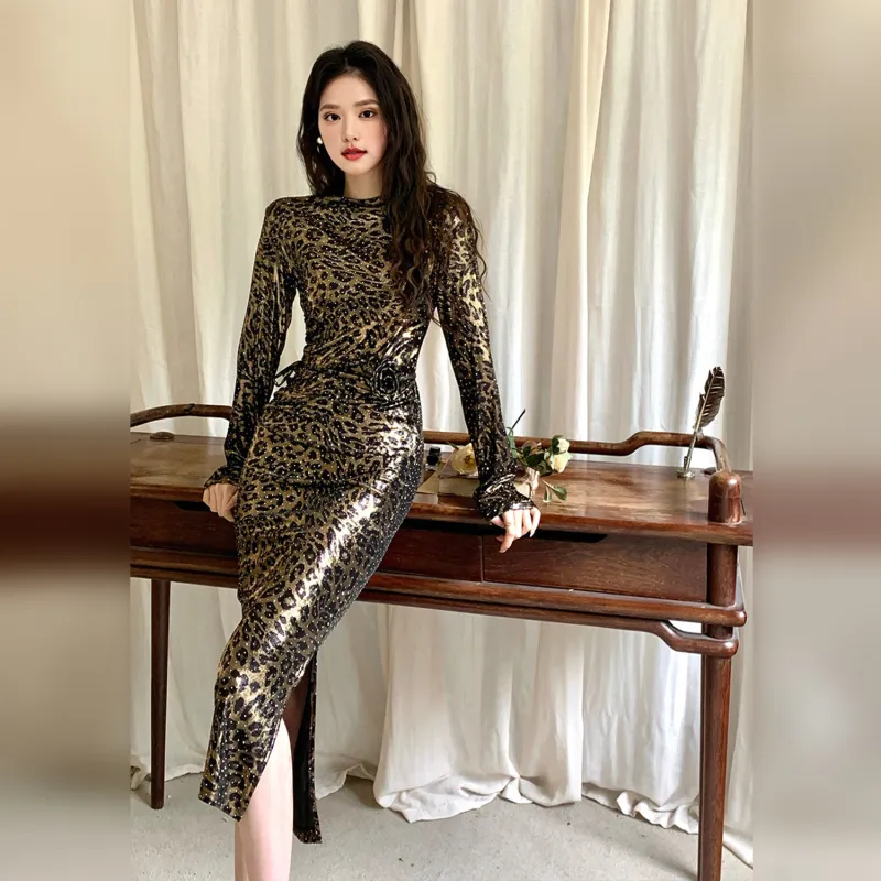 Wbwq Long-Sleeved Dresses Women's Leopard Print-2