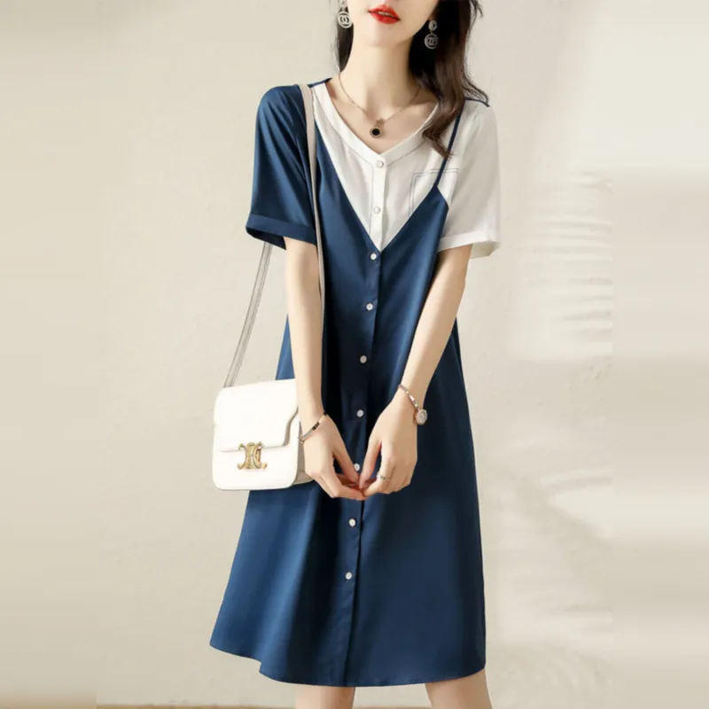 Wbwq Short Sleeved Dress Women's Blue & White-1