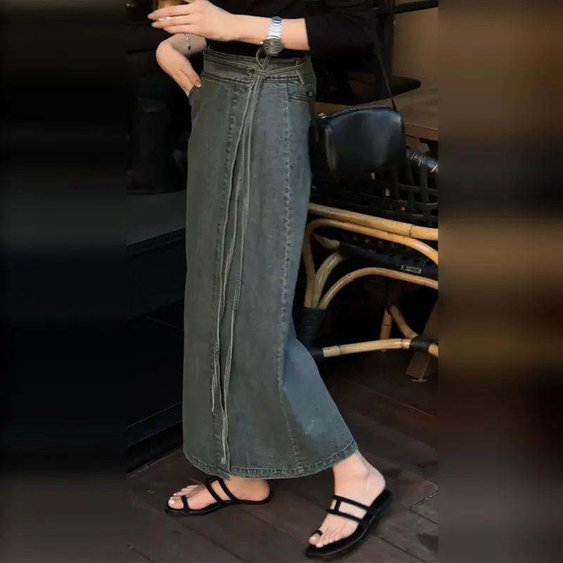 Wbwq Denim Long Skirt Women's Blue-2