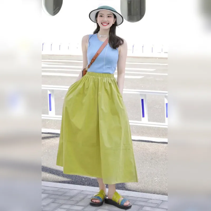 Wbwq Casual Long Skirts Women's Lime Green-3