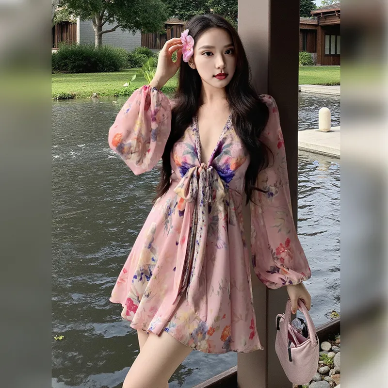 Wbwq Long Sleeved Dress Women's Pink Floral-3