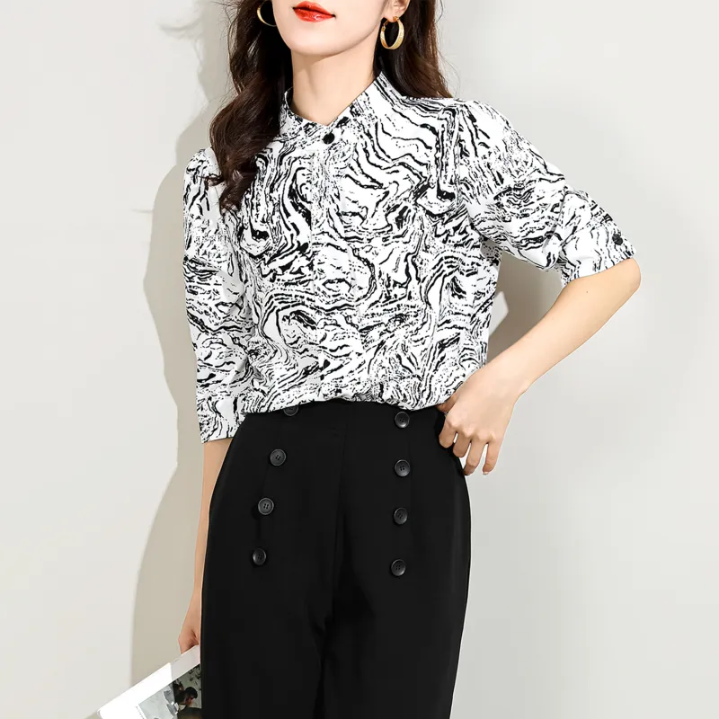 Wbwq Shirt Women's Black And White Floral-8