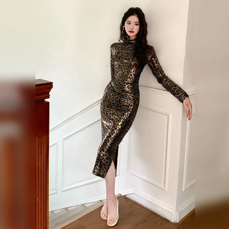 Wbwq Long-Sleeved Dresses Women's Leopard Print-4
