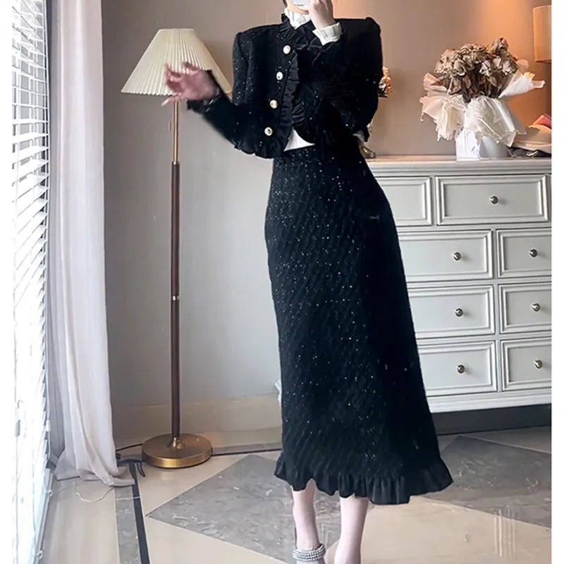 Wbwq Two Piece Skirt Sets Women's Black-3