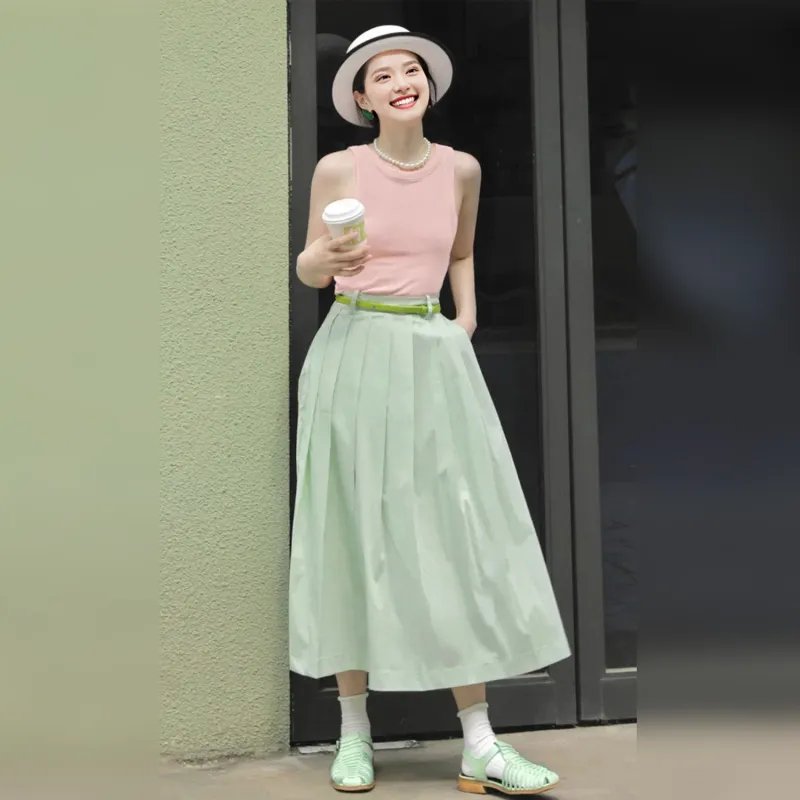 Wbwq Casual Long Skirts Women's Mint Green-3