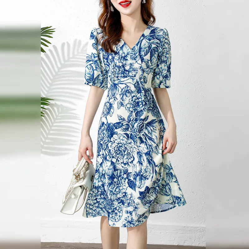 Wbwq Short Sleeved Dresses Women's Blue Floral-2