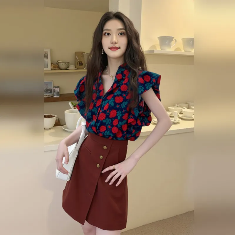 Wbwq Shirts Women's Blue With Red Floral-5