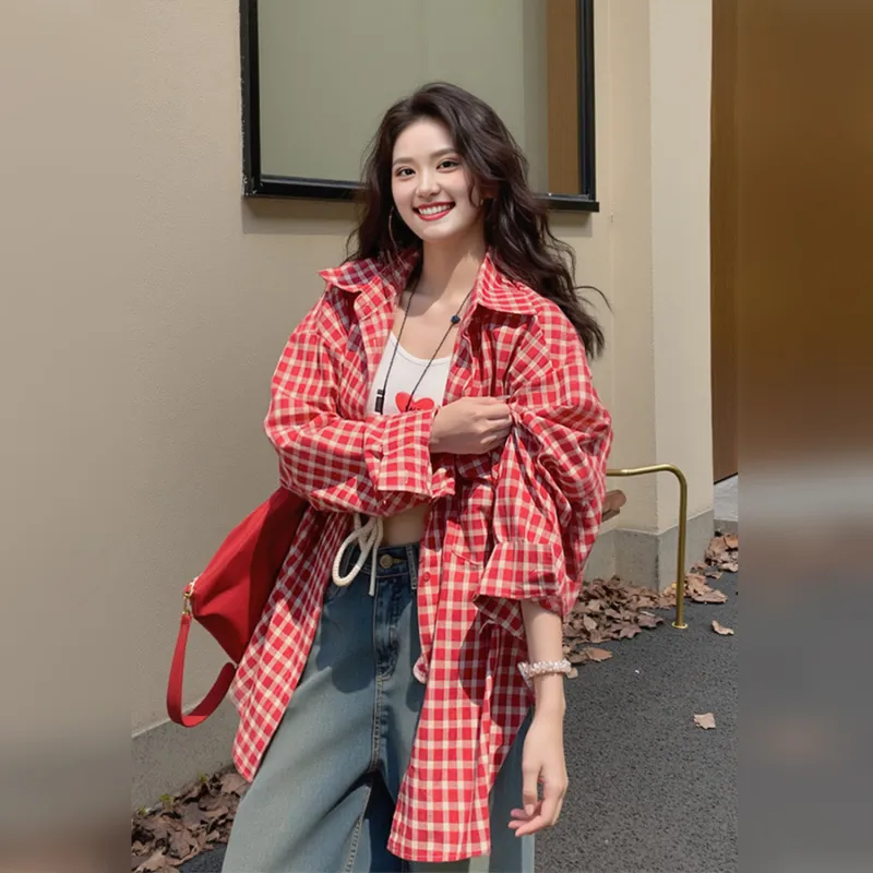 Wbwq Shirts Women's Red Plaid-1