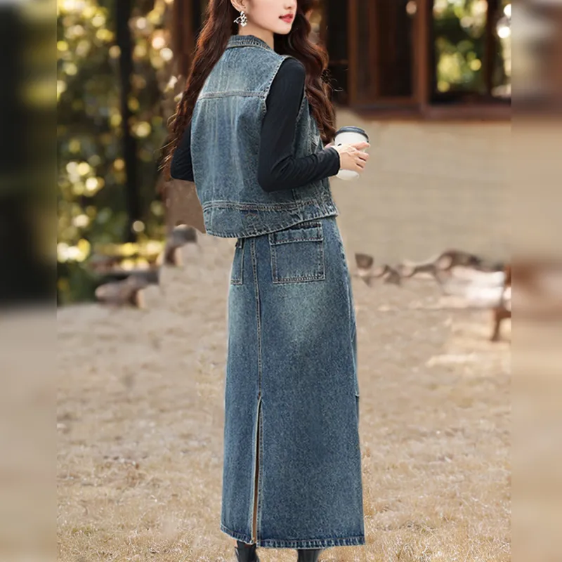 Wbwq Two Piece Skirt Sets Women's Blue Vest+Skirt-2