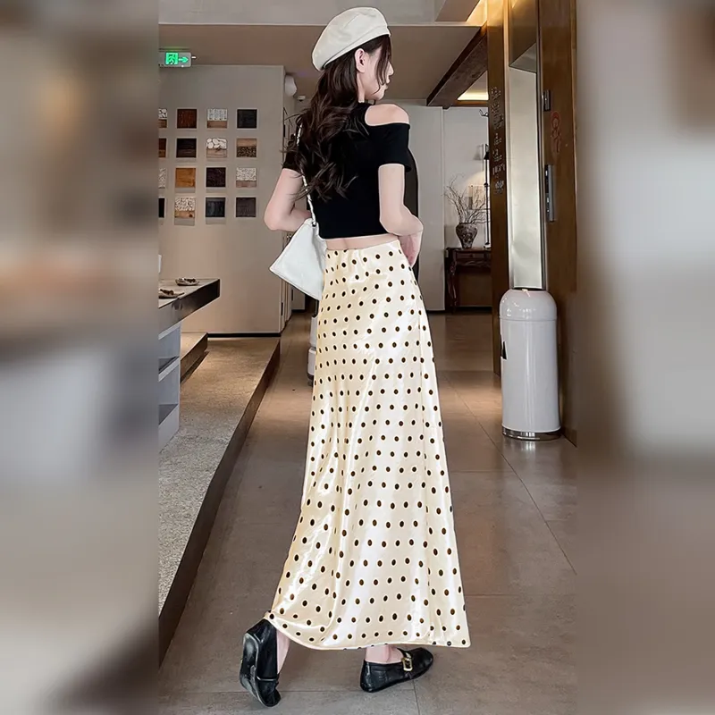 Wbwq Casual Long Skirt Women's White With Black Dot-6