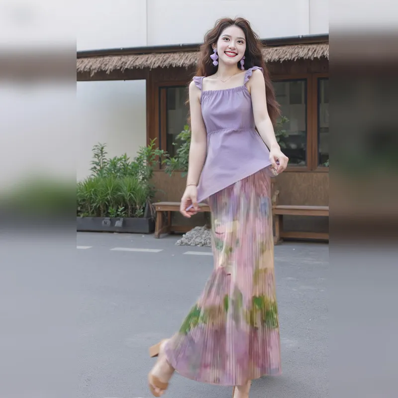 Wbwq Casual Long Skirt Women's Purple Floral-4