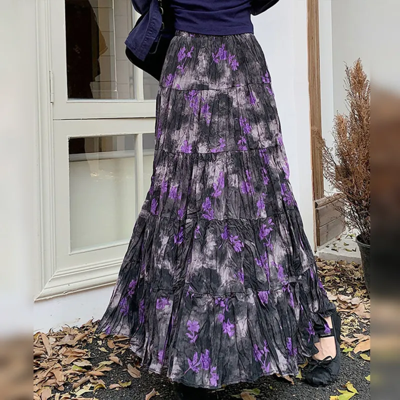 Wbwq Casual Long Skirt Women's Purple Floral-7