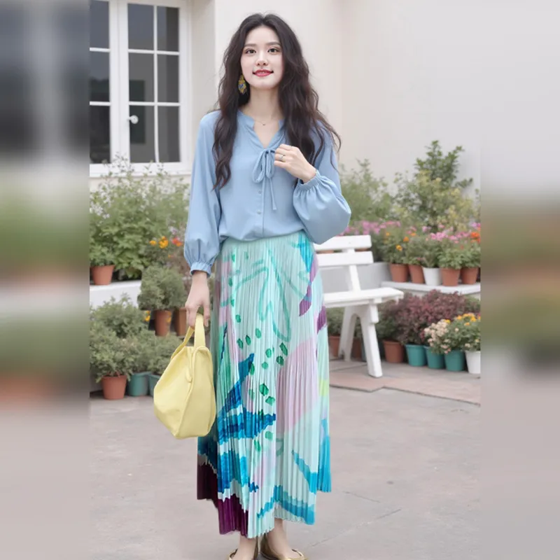 Wbwq Casual Long Skirt Women's Blue Floral-4