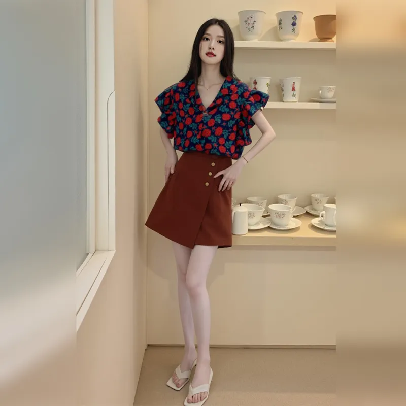 Wbwq Shirts Women's Blue With Red Floral-1