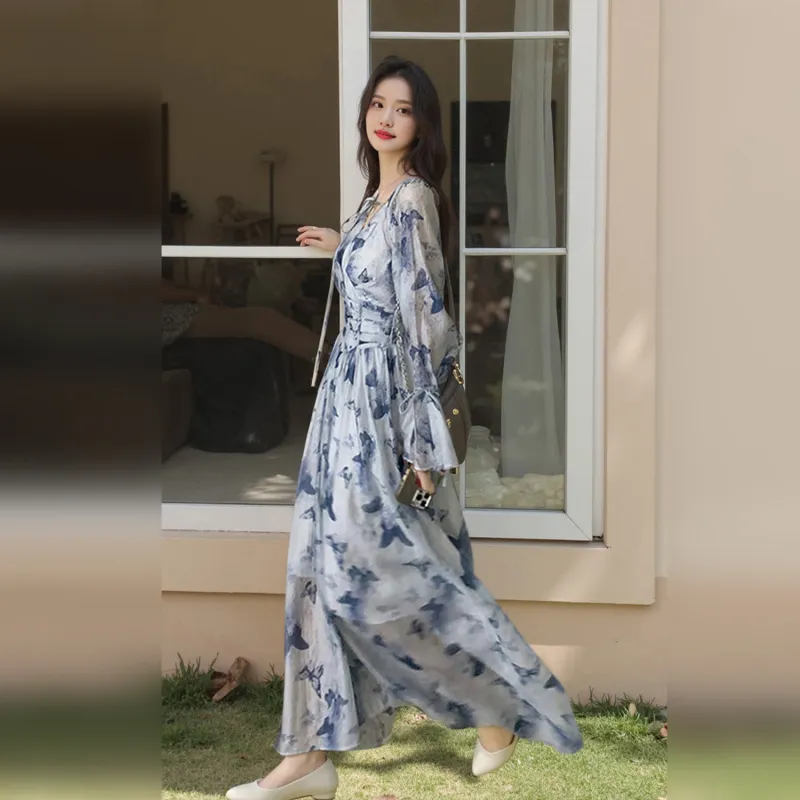 Wbwq Long Sleeved Dress Women's Blue Floral-6