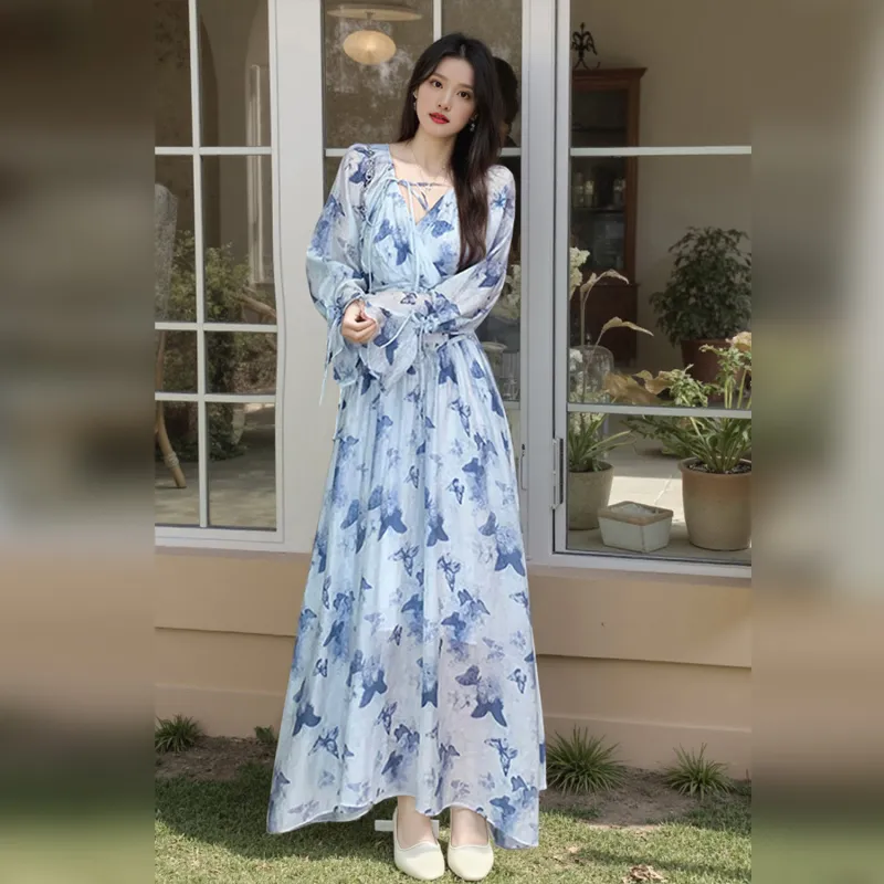 Wbwq Long Sleeved Dress Women's Blue Floral-5