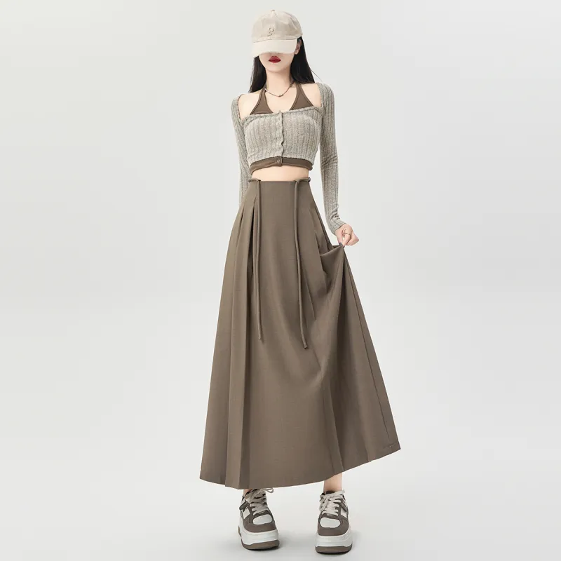 Wbwq Casual Long Skirts Women's Khaki-4