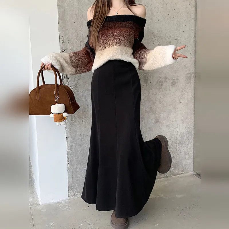 Wbwq Casual Long Skirt Women's Black-3