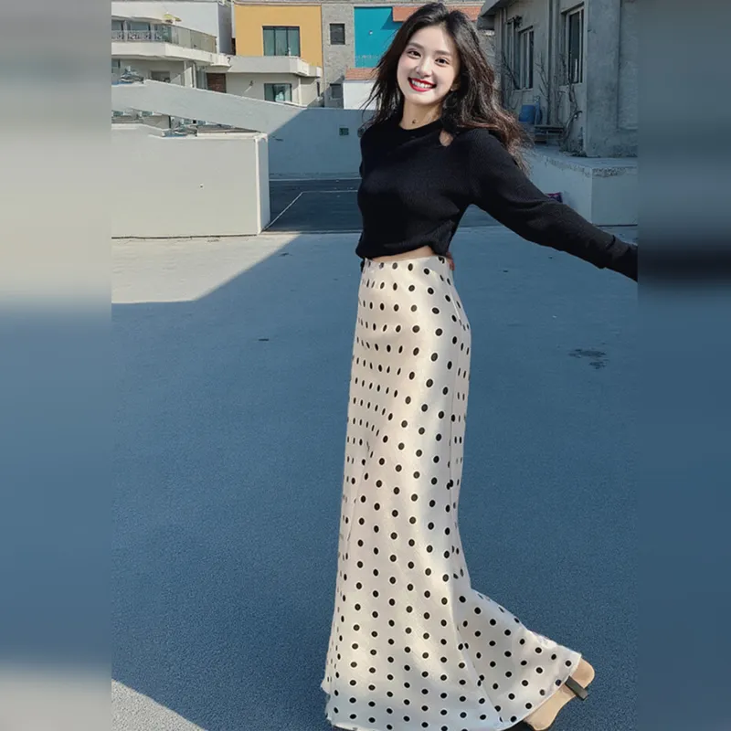 Wbwq Casual Long Skirt Women's White With Black Dot-1