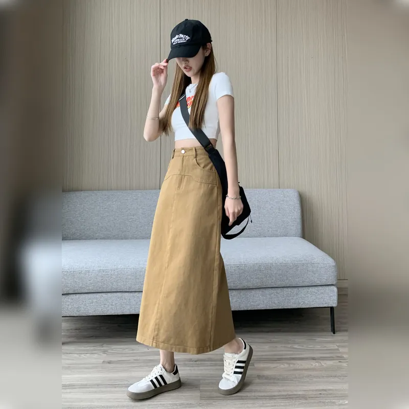 Wbwq Casual Long Skirt Women's Khaki-3